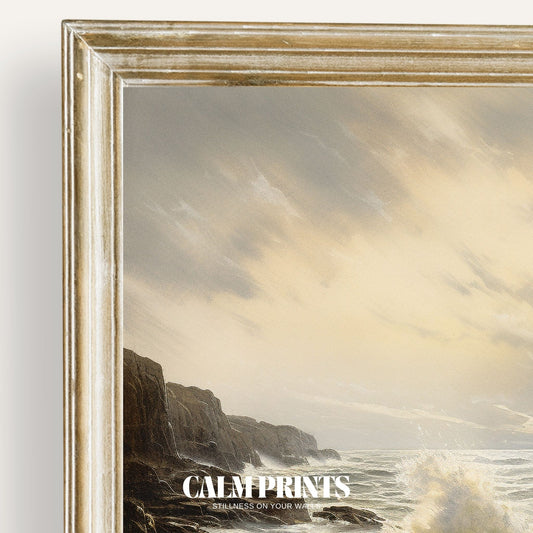 Print of a calm sea meeting a rugged, rocky coast in quiet harmony
