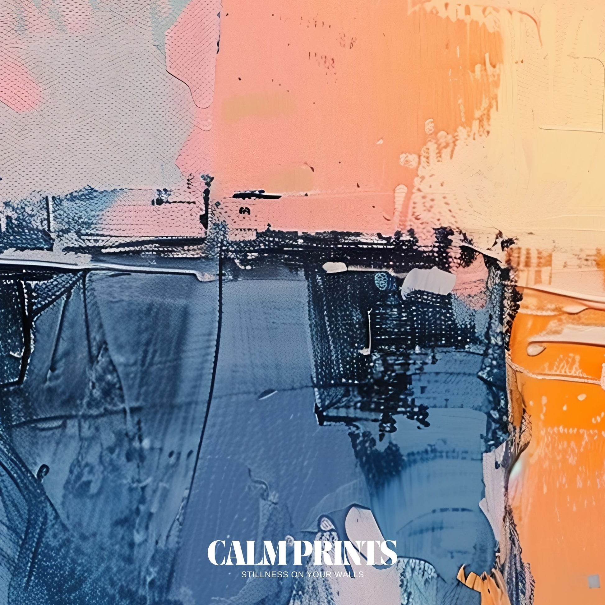 Modern painting with a calm skyline and abstract, atmospheric depth
