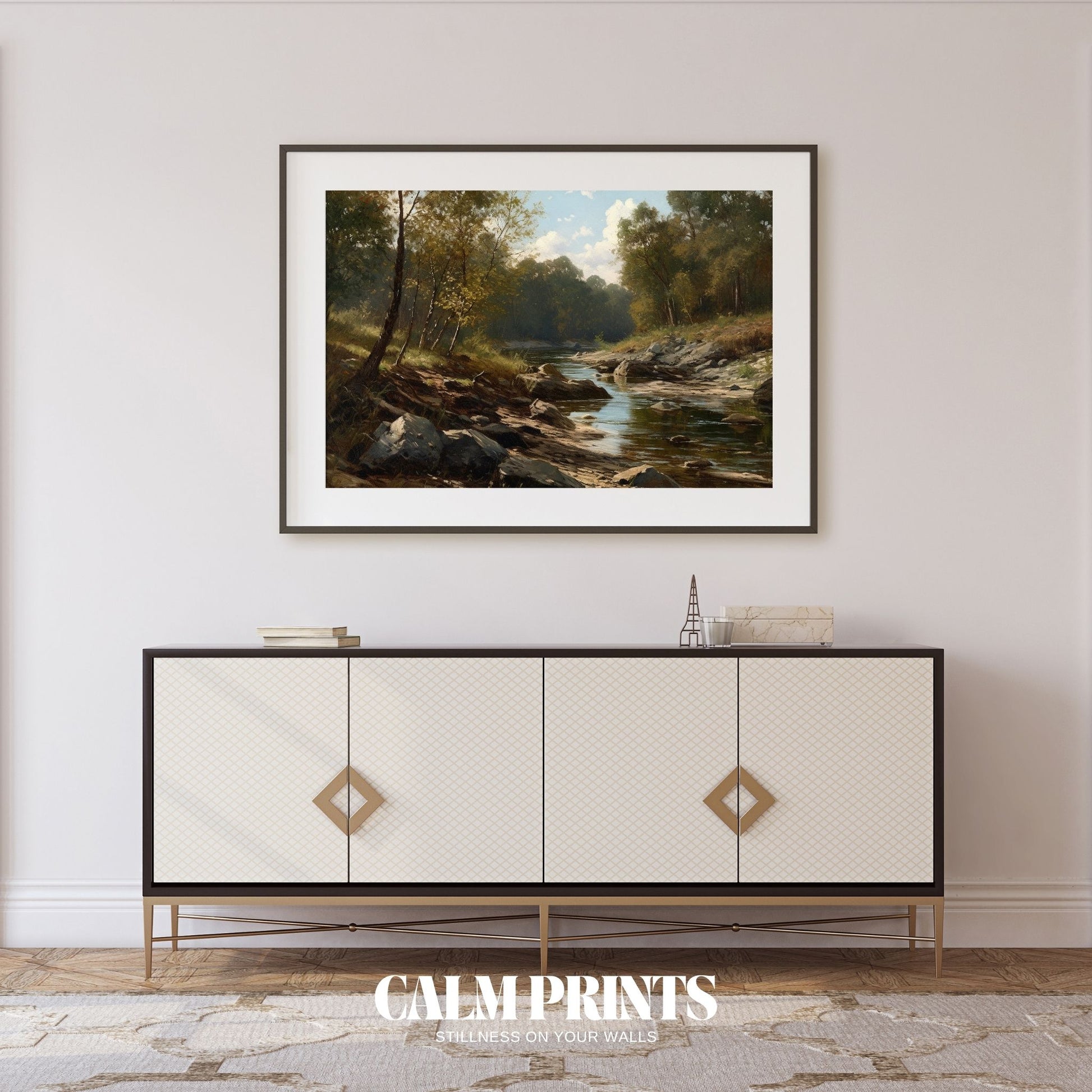 Print of a calm riverbank escape with soothing reflections in water
