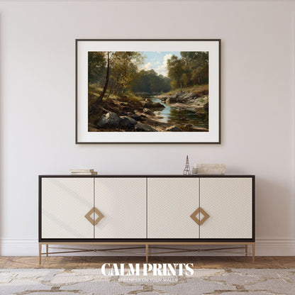 Print of a calm riverbank escape with soothing reflections in water
