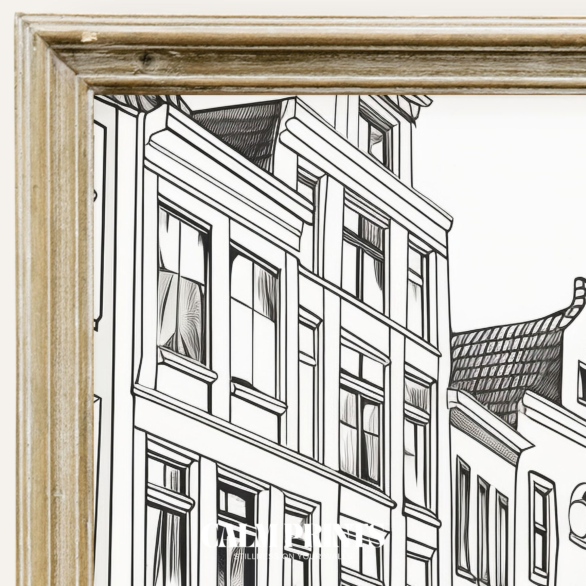 Black and white line drawing of charming canal houses along the water
