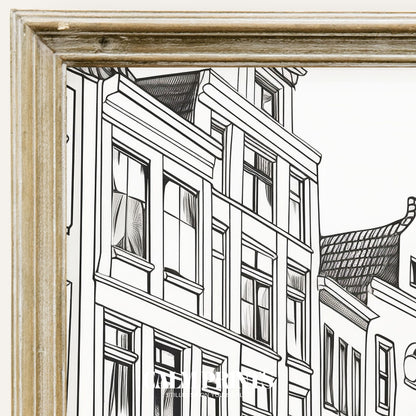 Black and white line drawing of charming canal houses along the water
