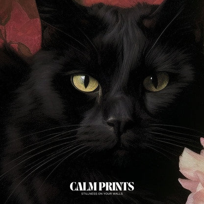 Artwork of a black cat wandering through a paradise of flowers