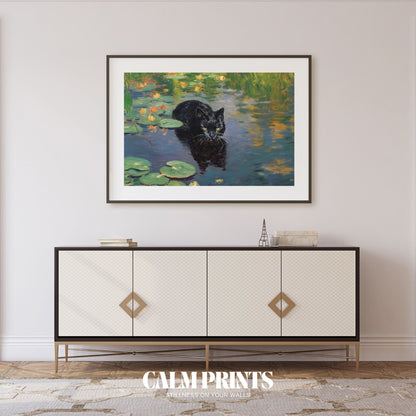 Poster featuring a gentle black cat surrounded by water lily blooms
