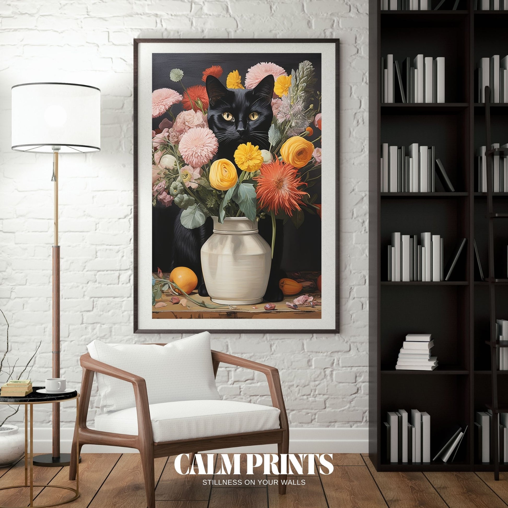 Charming black cat resting beside a vibrant mix of spring flowers
