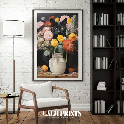 Charming black cat resting beside a vibrant mix of spring flowers
