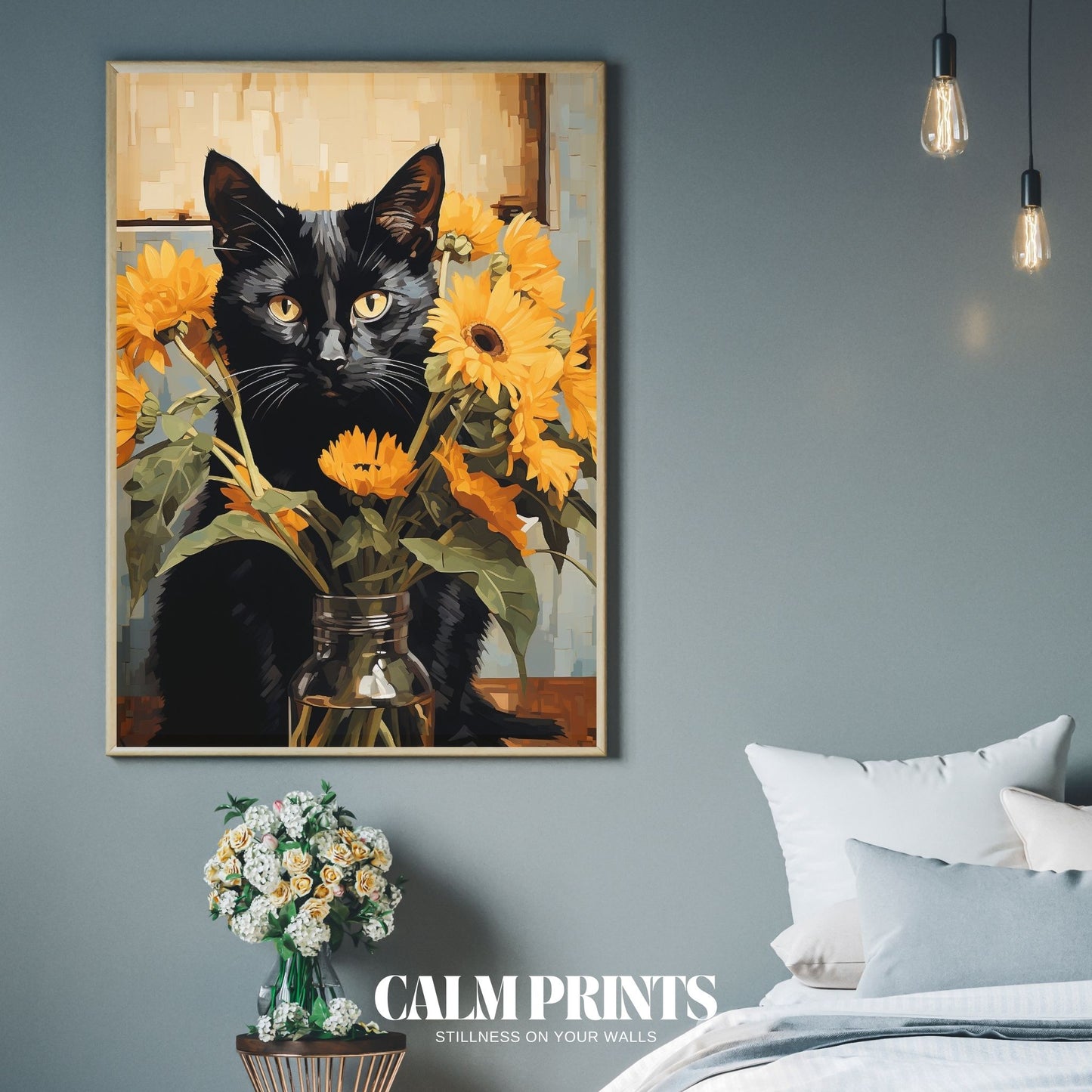 Illustration of a black cat playfully nestled in sunflower petals
