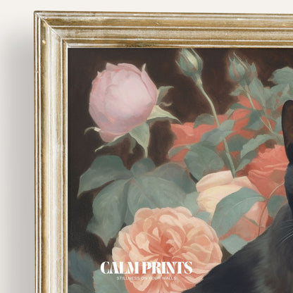 Art print of a curious black cat resting quietly in a rose bush