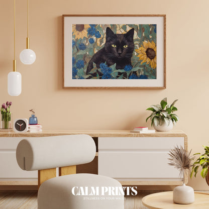 Summer meadow filled with sunflowers and a playful black cat