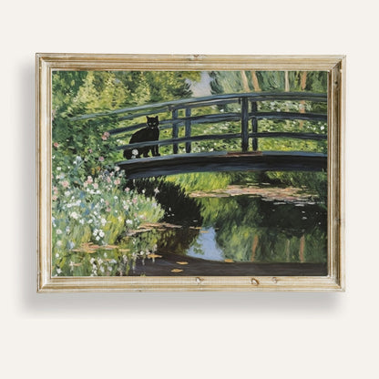 Curious cat perched on a garden bridge surrounded by lush greenery
