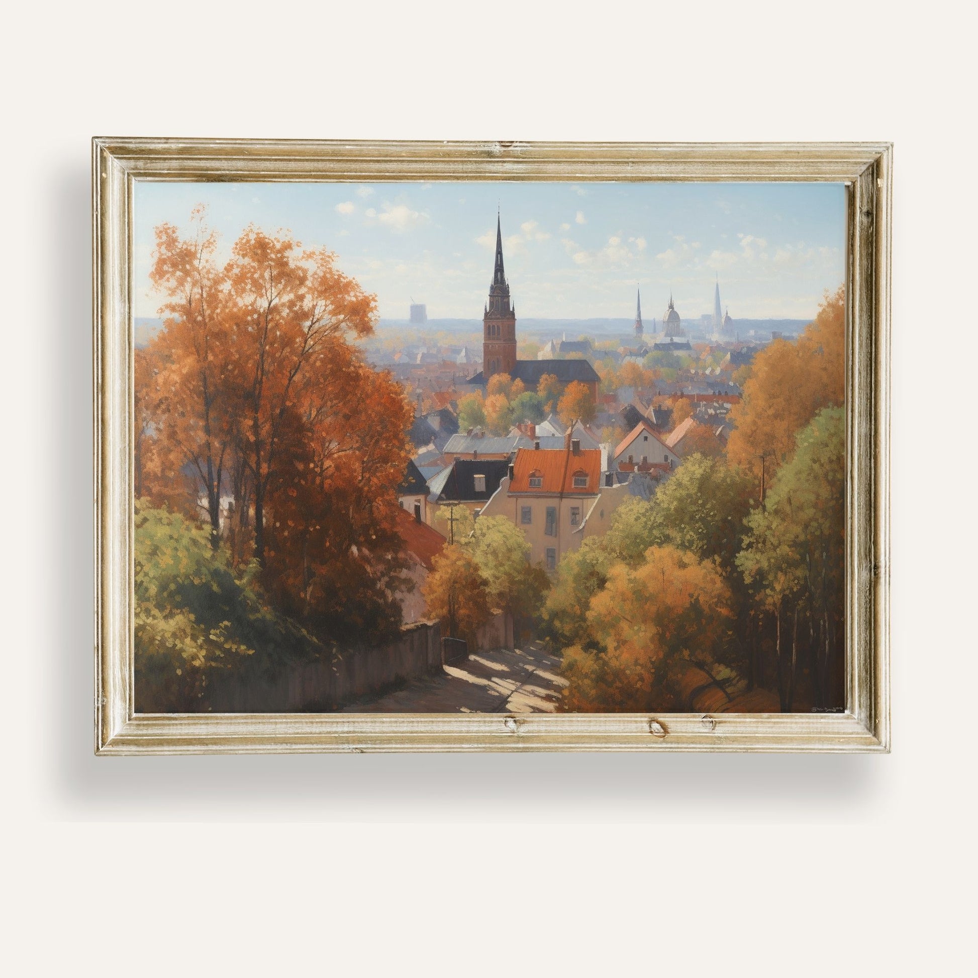 Charming autumn cityscape with golden trees and glowing windows