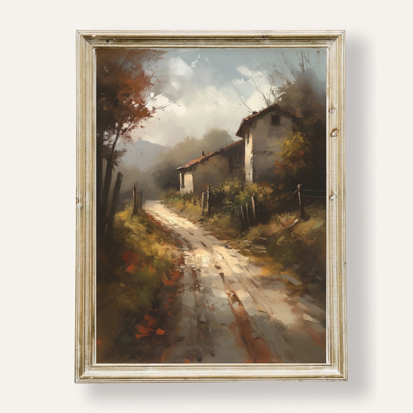 Charming autumn pathway leading to a rustic cottage nestled in golden leaves
