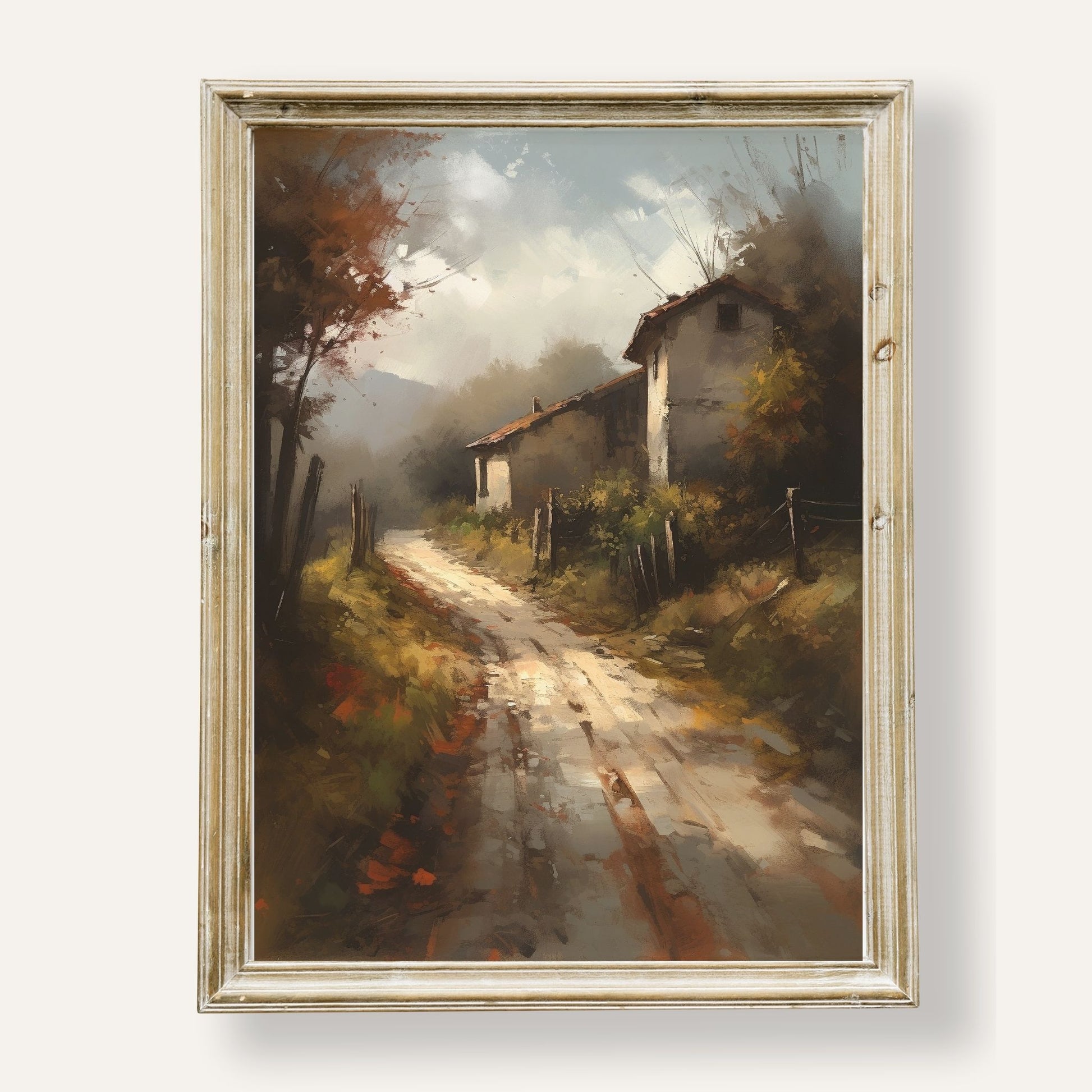 Charming autumn pathway leading to a rustic cottage nestled in golden leaves
