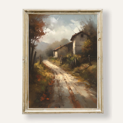 Charming autumn pathway leading to a rustic cottage nestled in golden leaves
