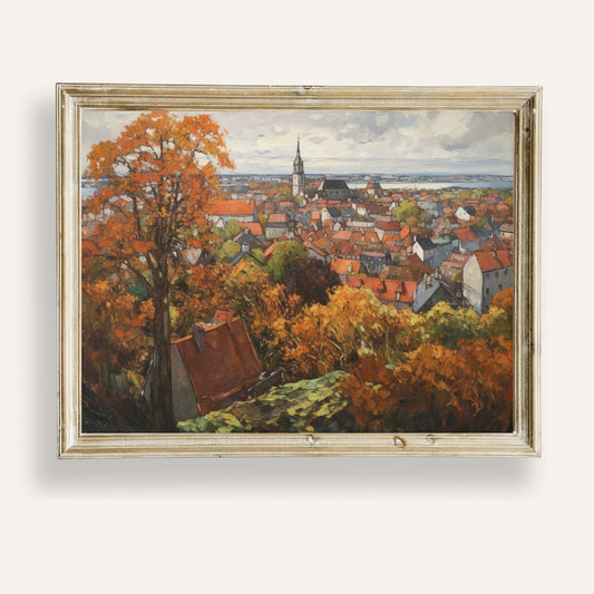 Charming townscape in autumn with cosy rooftops and golden foliage
