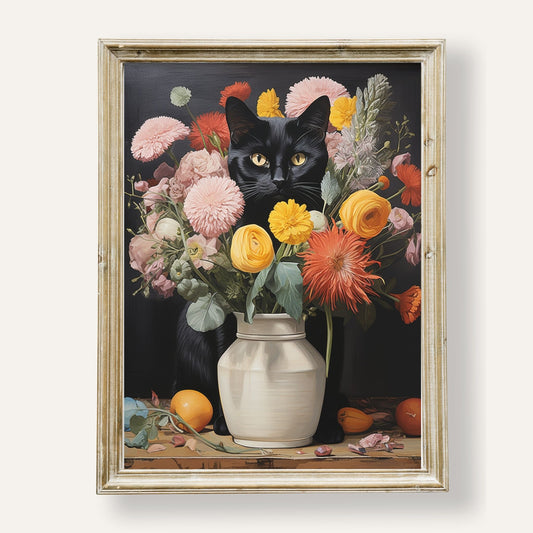 Charming black cat nestled beside a bright spring floral bouquet
