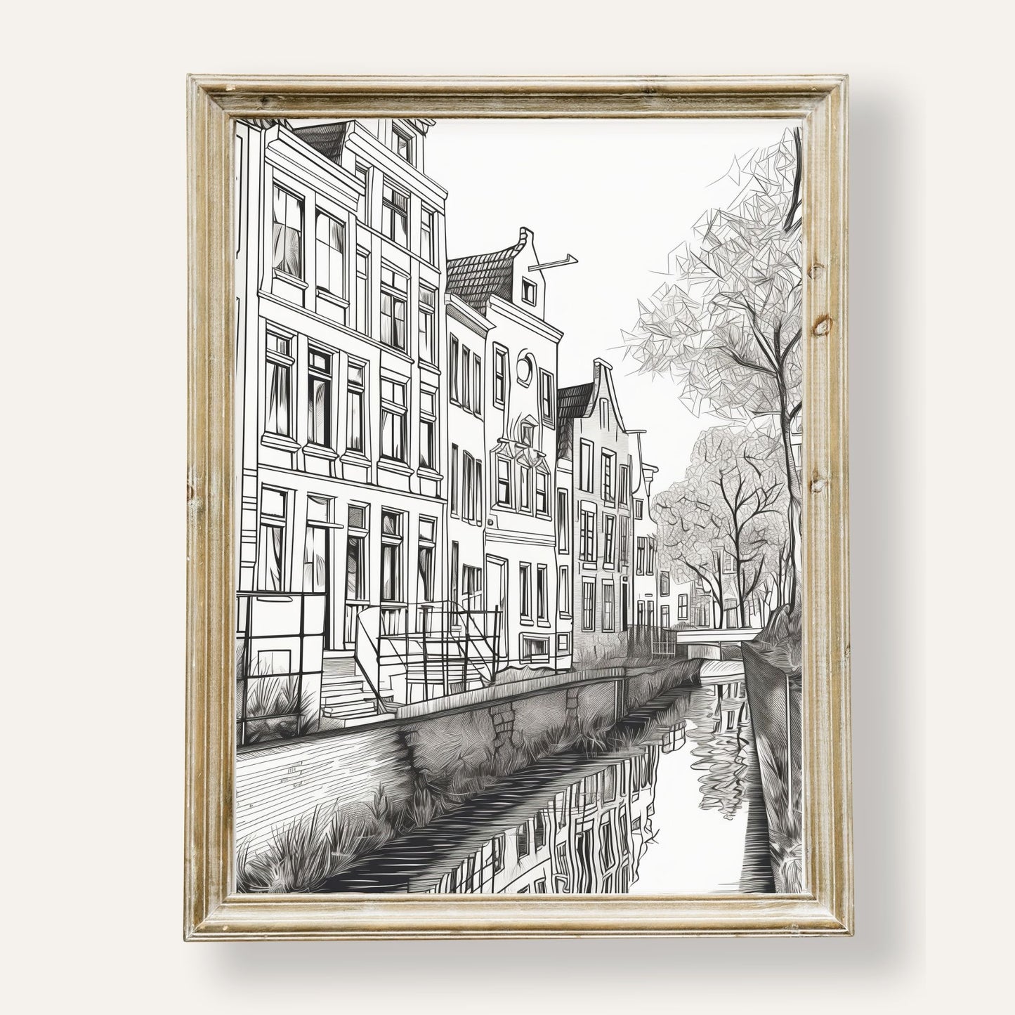 Charming monochrome illustration of classic canal houses with fine detail
