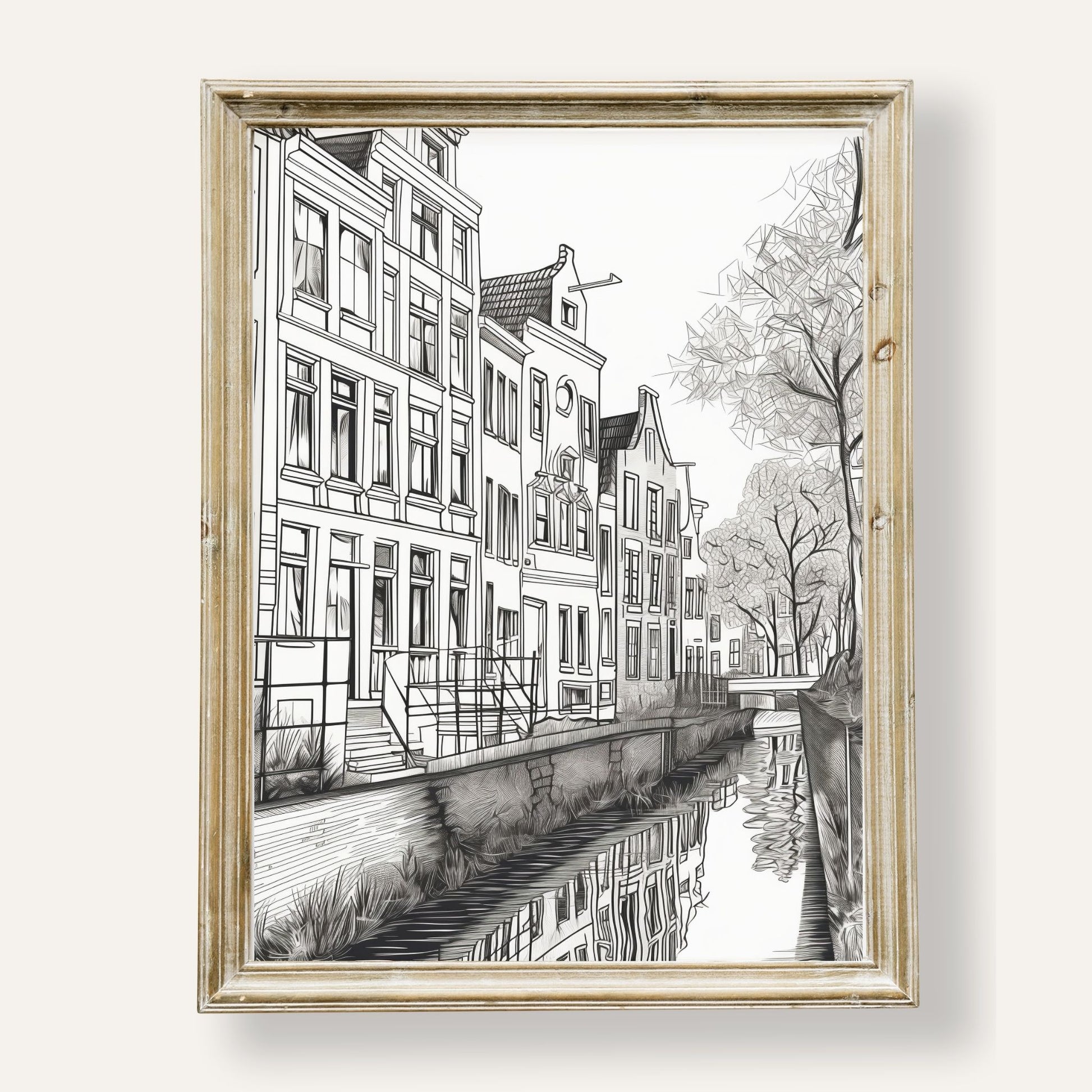 Charming monochrome illustration of classic canal houses with fine detail
