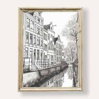 Charming monochrome illustration of classic canal houses with fine detail
