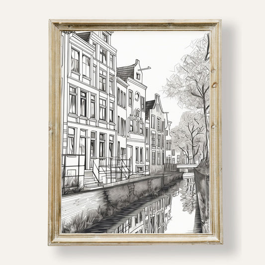 Charming monochrome illustration of classic canal houses with fine detail
