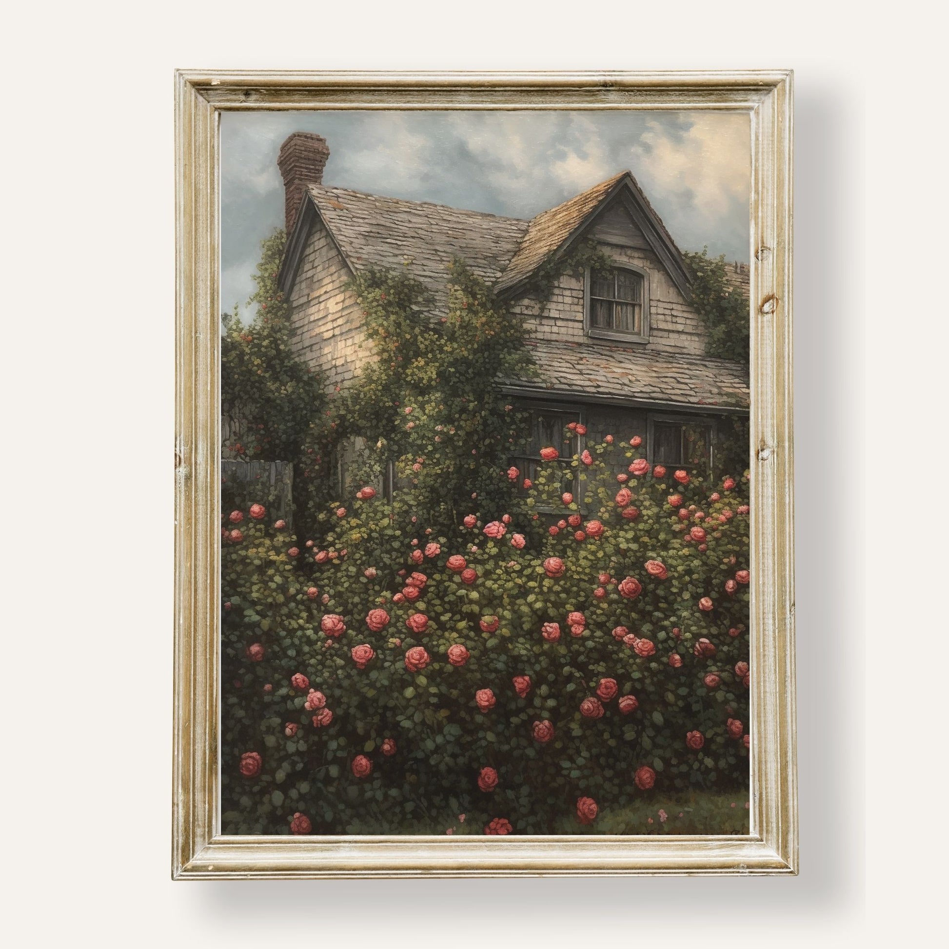 Charming countryside cottage surrounded by lush blooming roses
