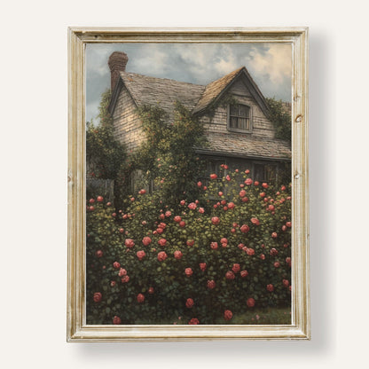 Charming countryside cottage surrounded by lush blooming roses
