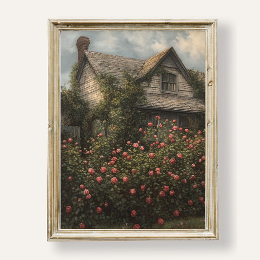 Charming countryside cottage surrounded by lush blooming roses
