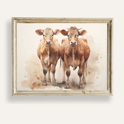 Charming pair of cows illustrated in soft, expressive watercolour tones
