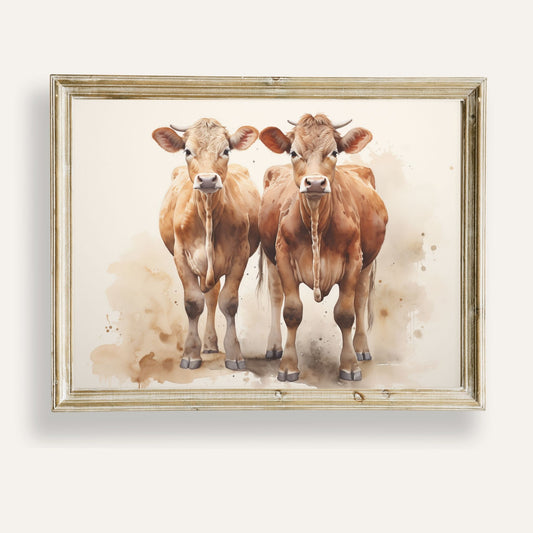 Charming pair of cows illustrated in soft, expressive watercolour tones
