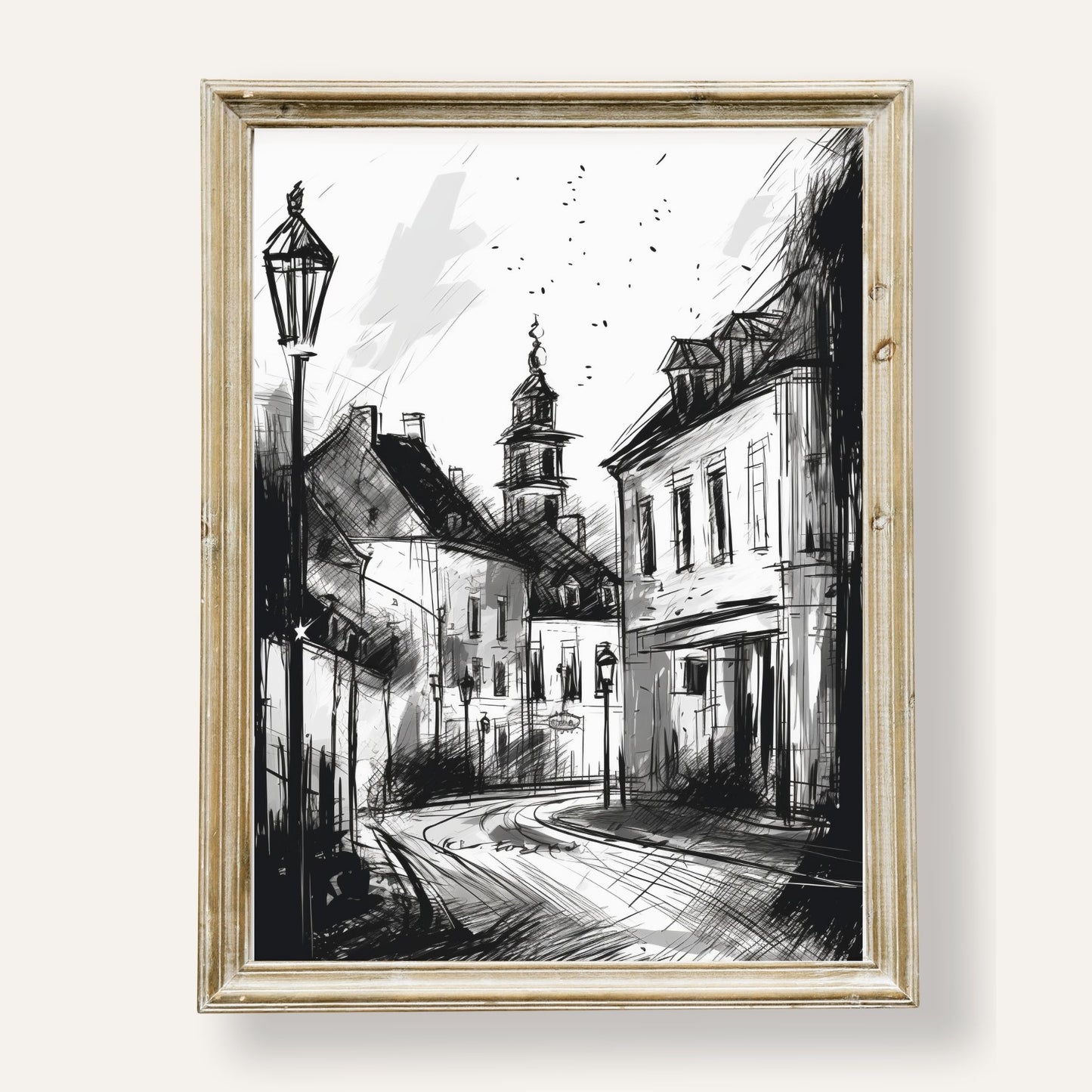 Charming monochrome street scene with classic architecture and quiet charm
