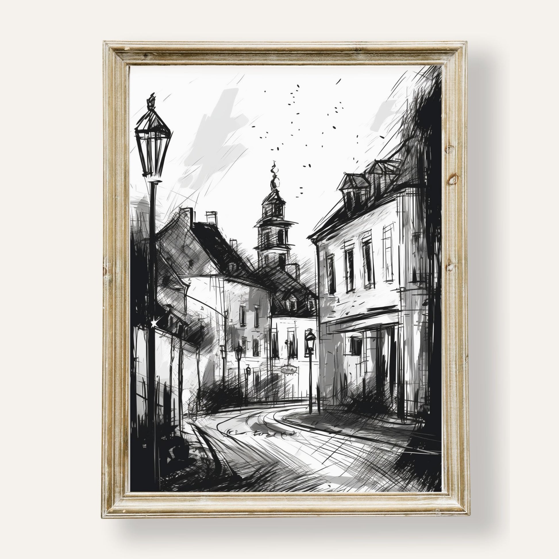 Charming monochrome street scene with classic architecture and quiet charm
