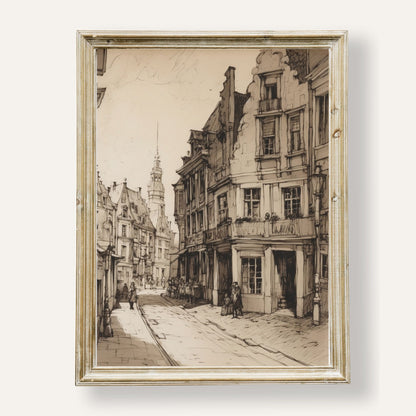 Charming hand-drawn old town street with historic buildings and timeless charm
