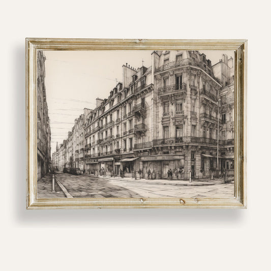 Charming sketch of a Parisian street with classic architecture and timeless charm