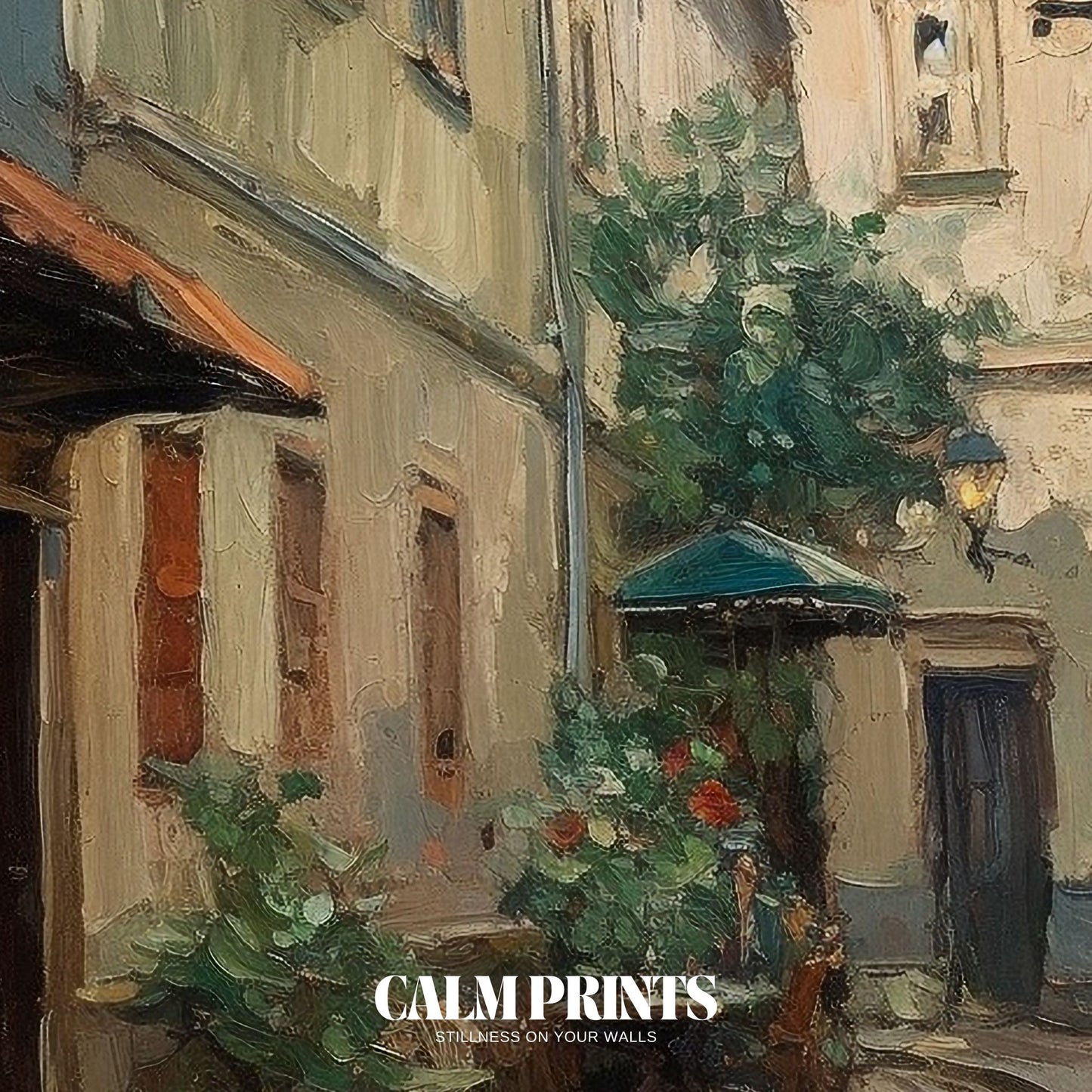 Art print of a charming cobbled road leading through a tranquil village
