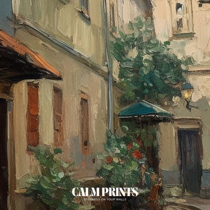 Art print of a charming cobbled road leading through a tranquil village
