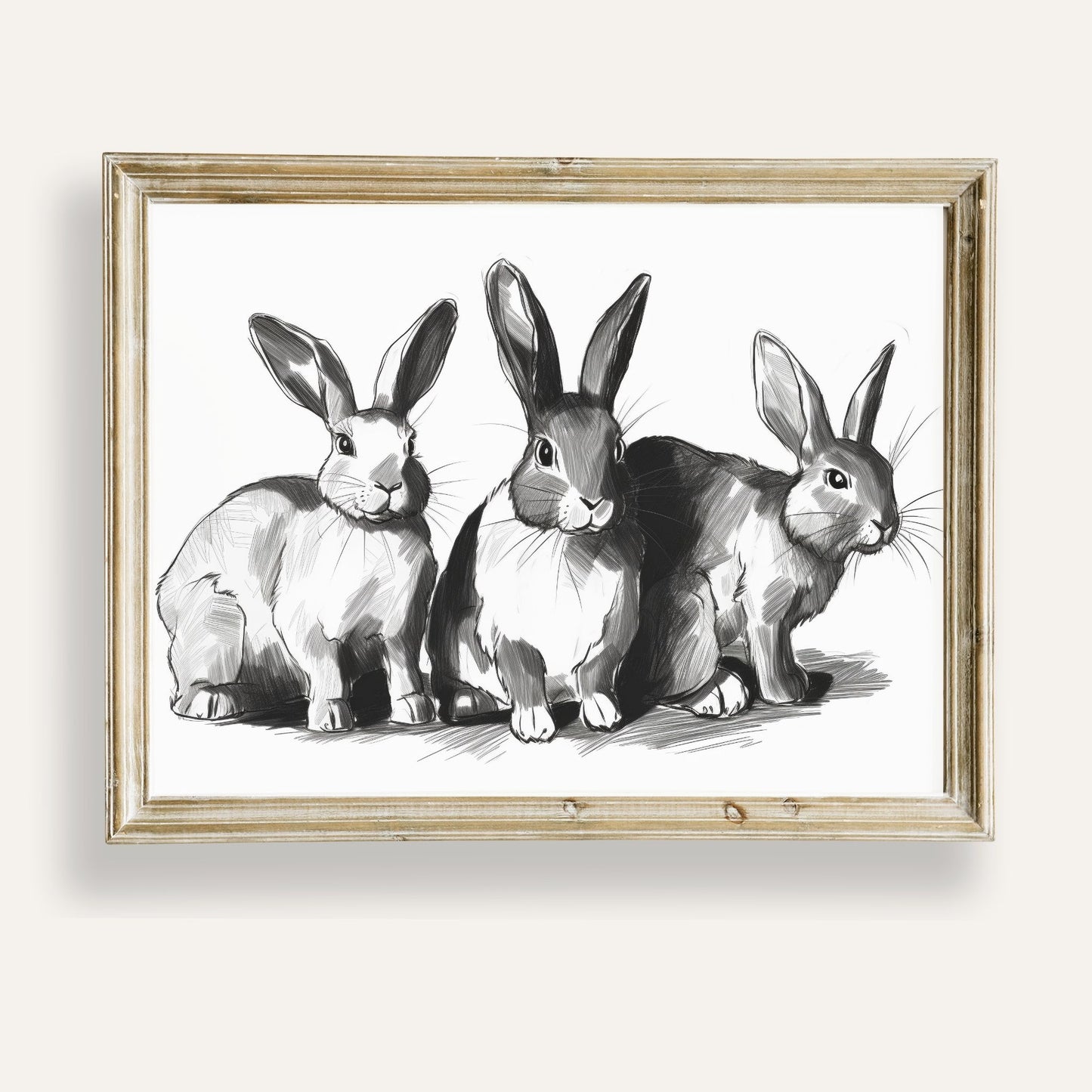 Charming trio of rabbits illustrated in a delicate monochrome sketch style
