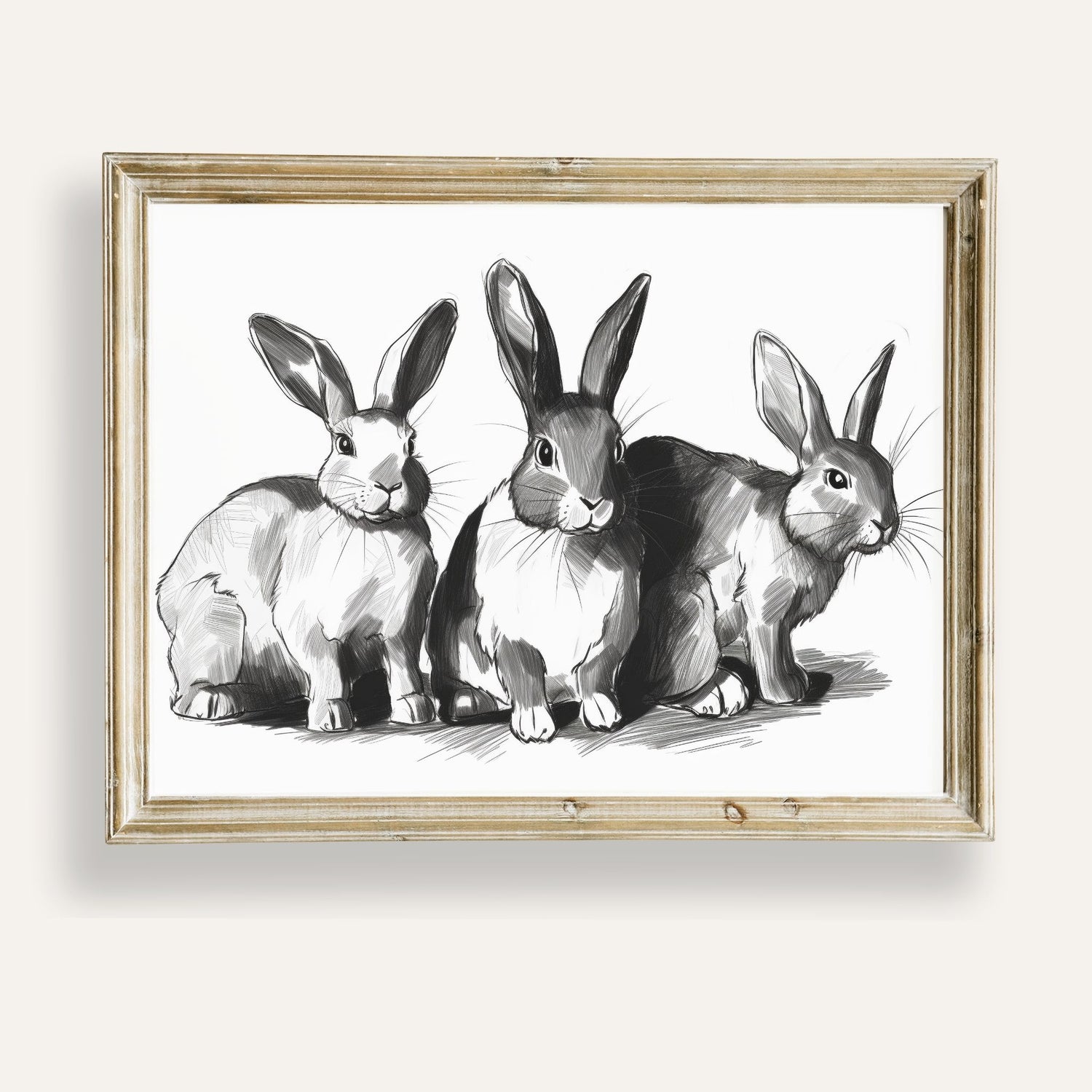 Charming trio of rabbits illustrated in a delicate monochrome sketch style
