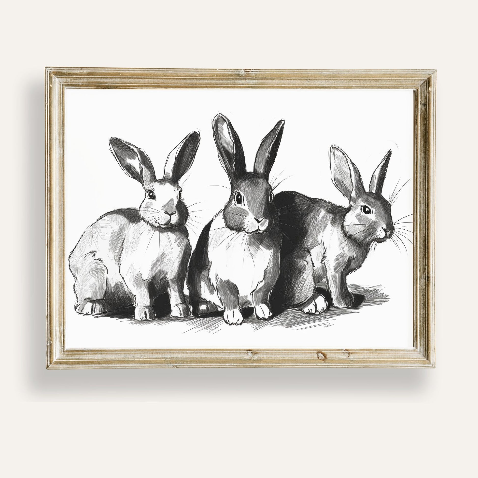 Charming trio of rabbits illustrated in a delicate monochrome sketch style
