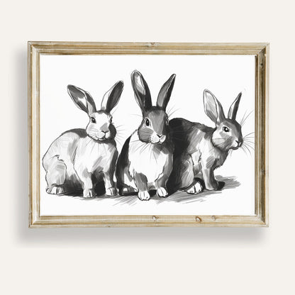 Charming trio of rabbits illustrated in a delicate monochrome sketch style
