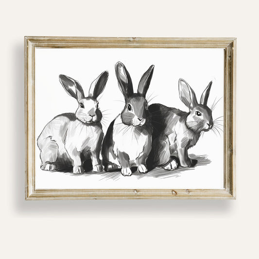 Charming trio of rabbits illustrated in a delicate monochrome sketch style
