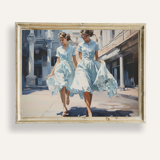 Charming scene of friends strolling in summer dresses under the warm sun
