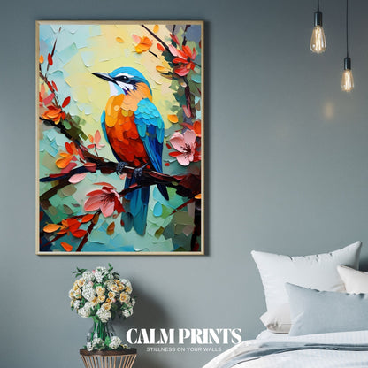 Cheerful songbird perched on pink blossoms under a clear sky
