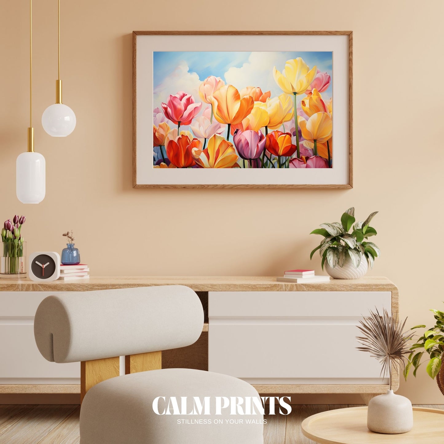 Scenic print of a cheerful tulip garden brimming with life and colour
