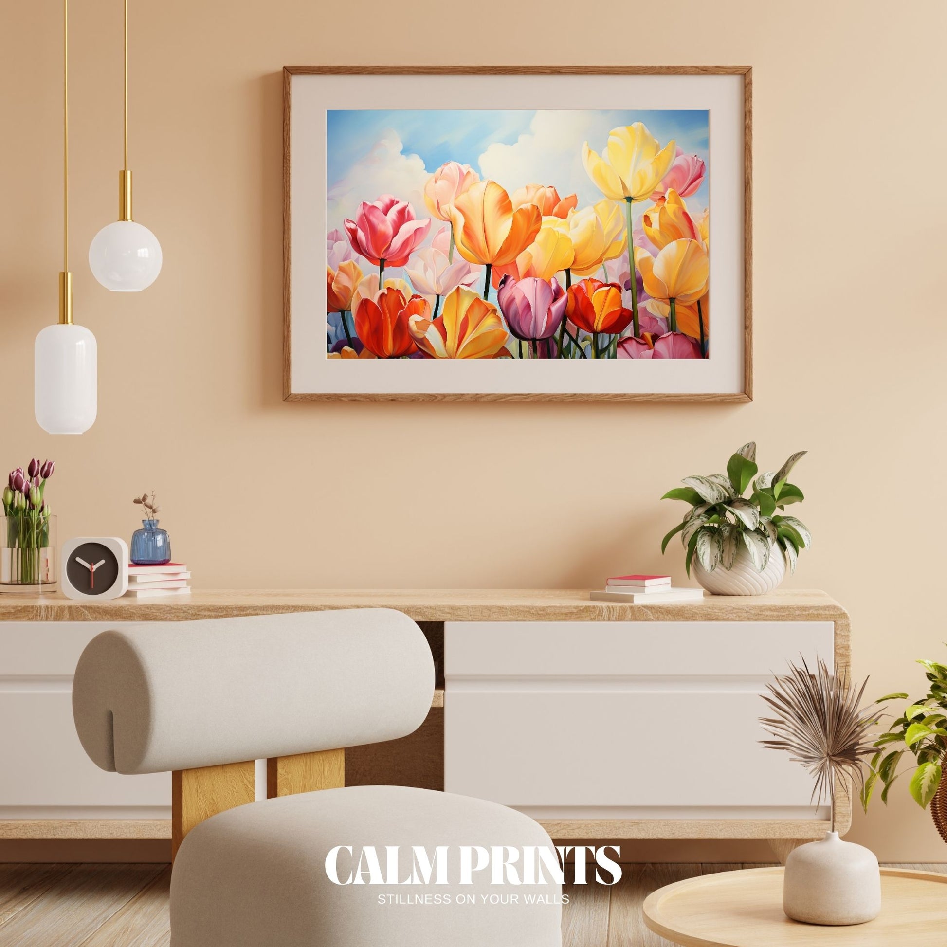 Scenic print of a cheerful tulip garden brimming with life and colour
