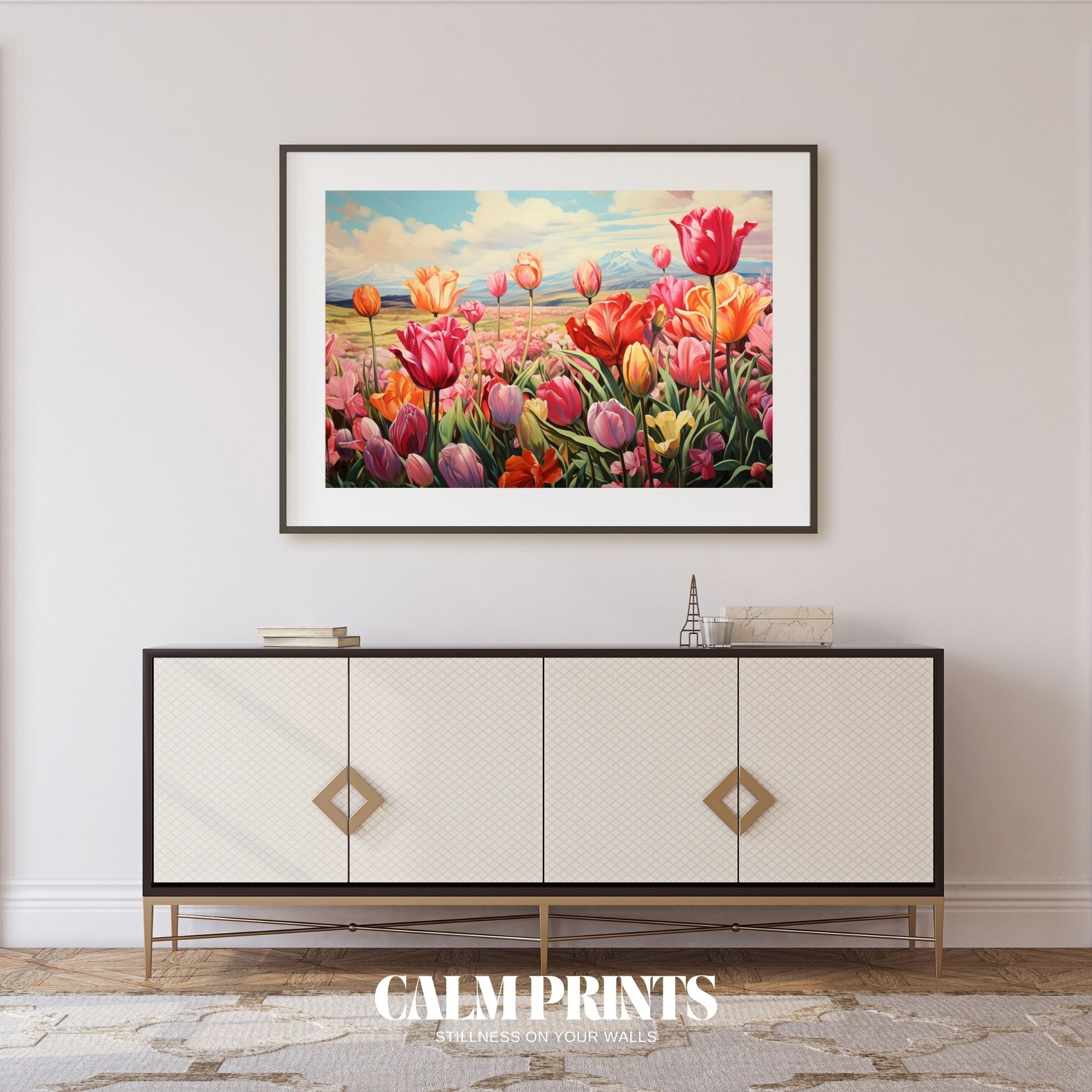 Artwork of cheerful tulips blooming in rows under a soft blue sky
