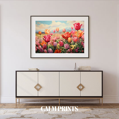 Artwork of cheerful tulips blooming in rows under a soft blue sky
