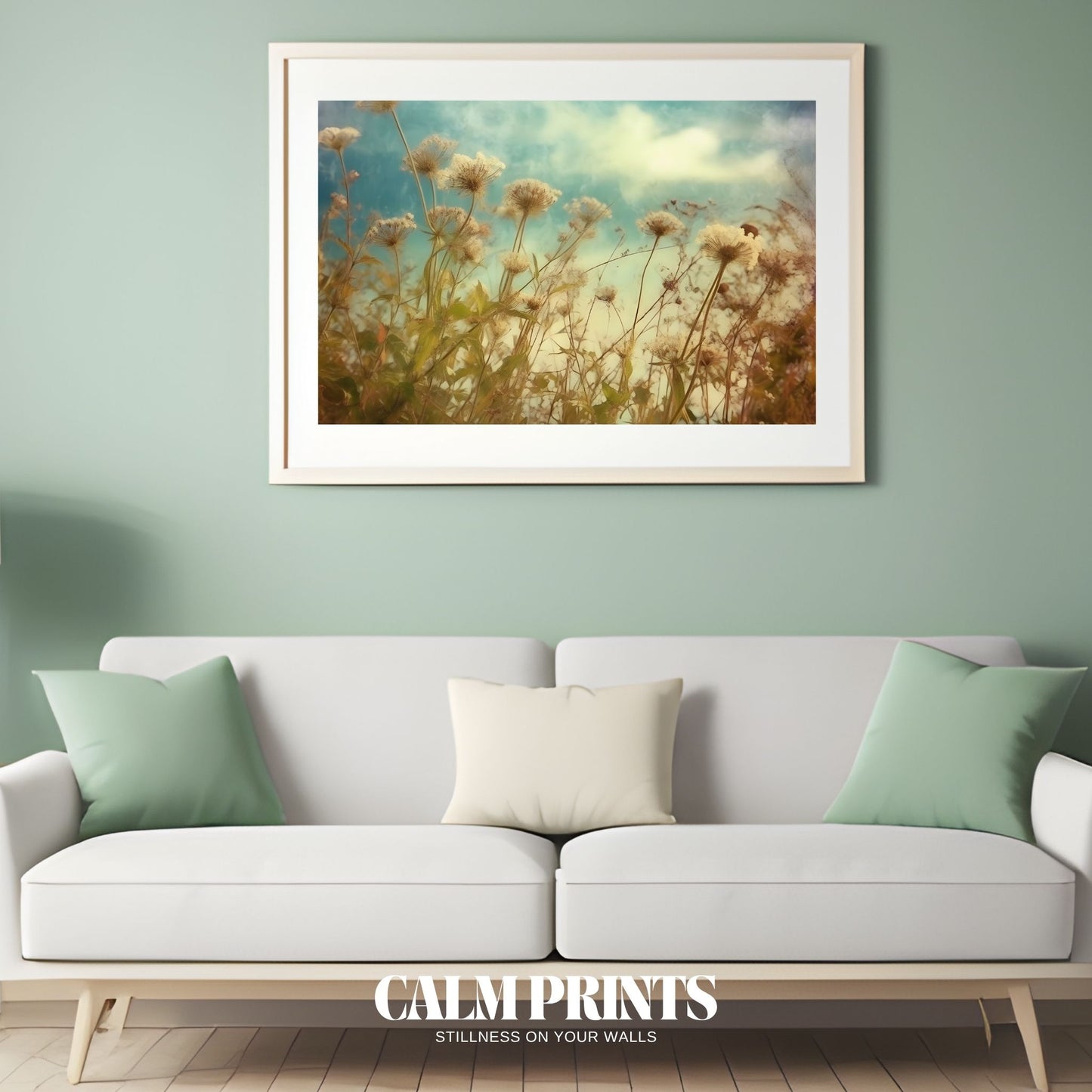 Landscape of a cheerful wildflower meadow with light, airy tones
