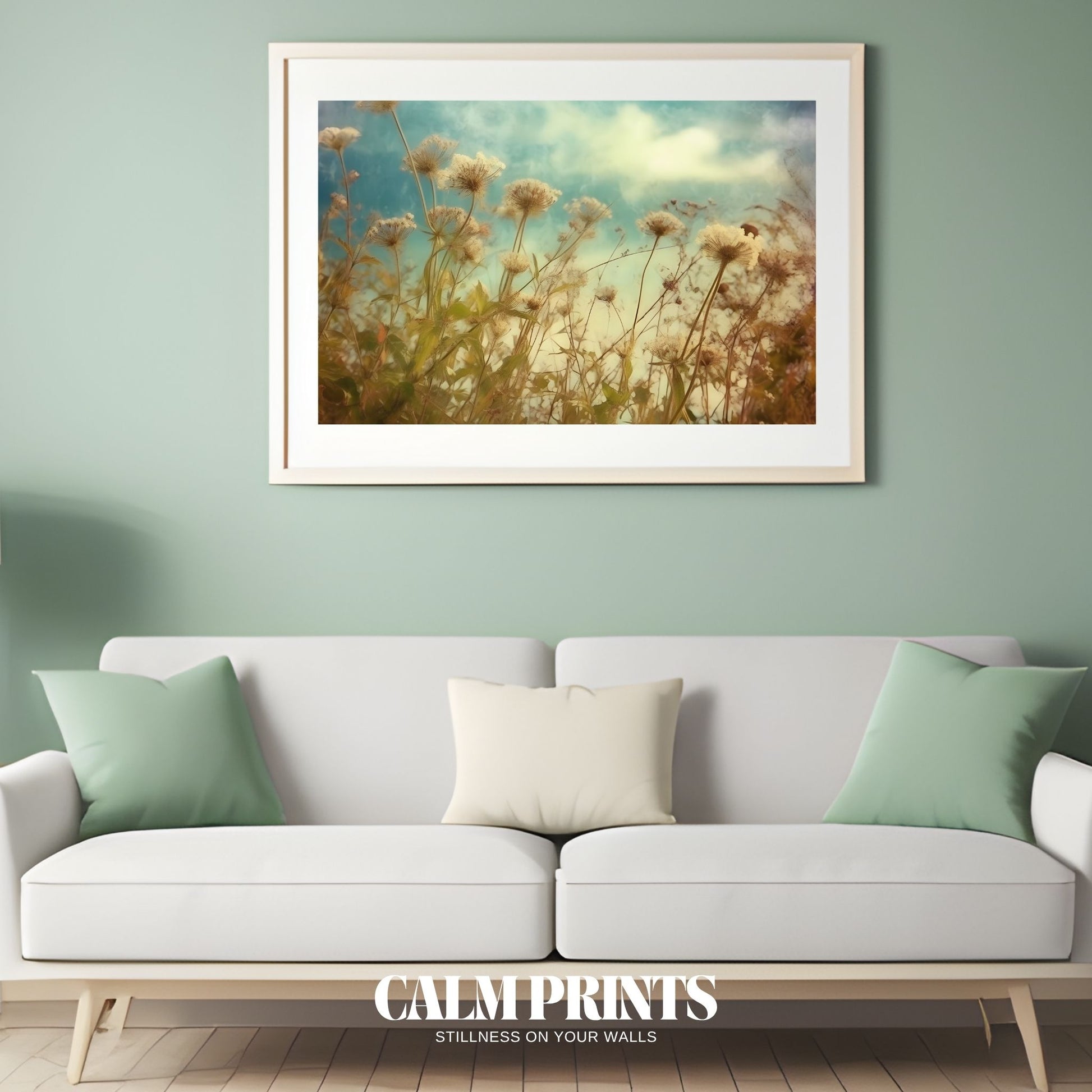 Landscape of a cheerful wildflower meadow with light, airy tones
