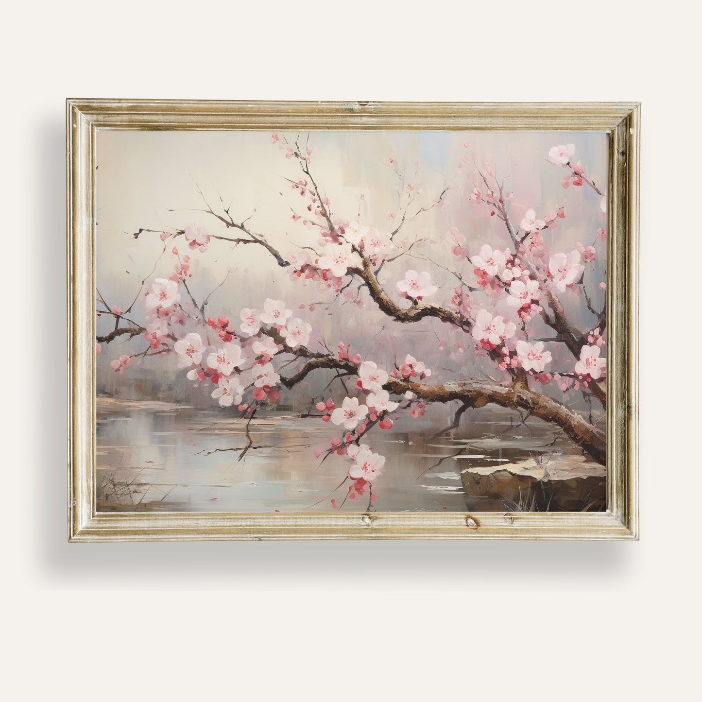 Tranquil scene of cherry blossoms in full bloom by a calm body of water
