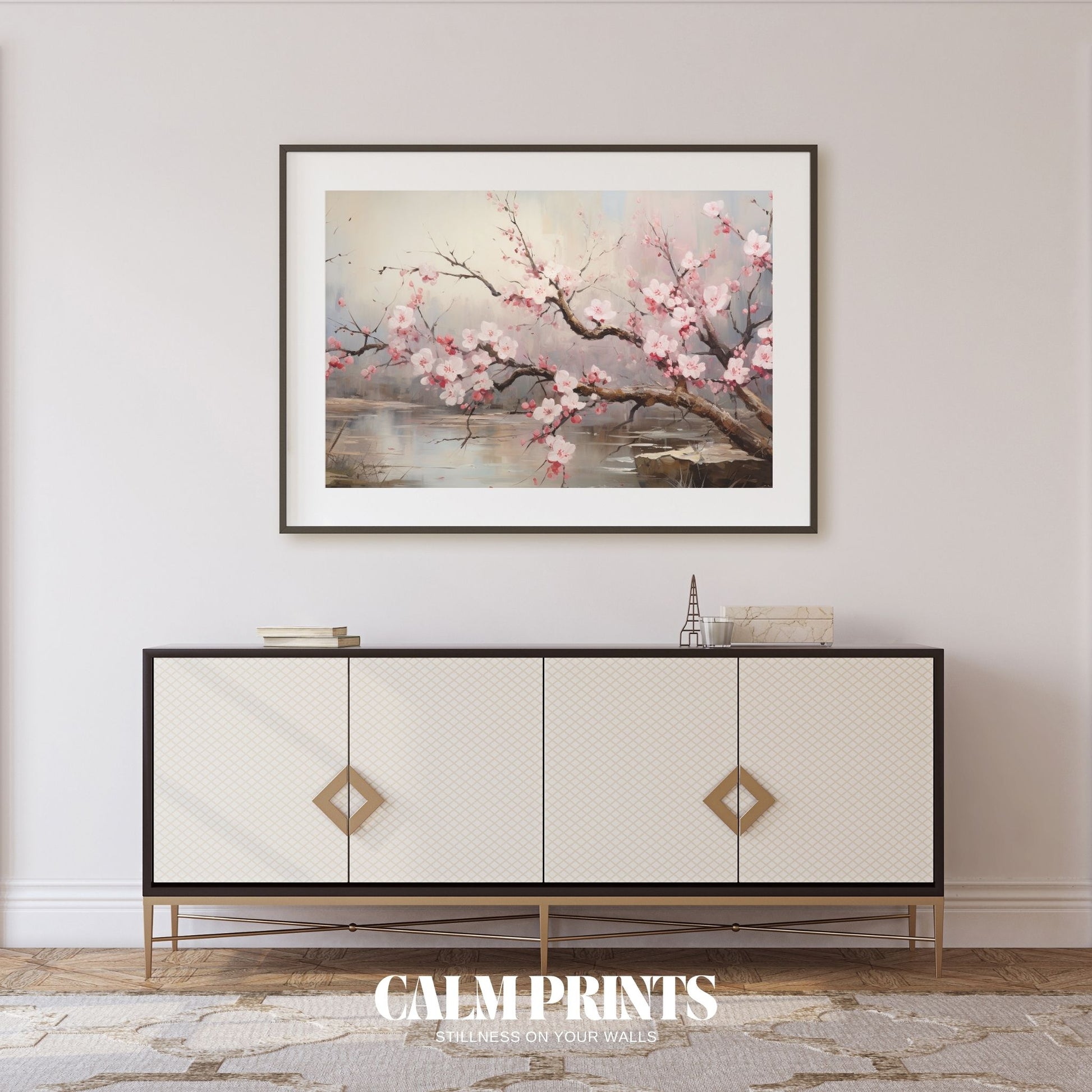 Art of a cherry tree in bloom reflecting over a peaceful riverbank
